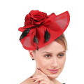 Red Apricot Scalloped and side swept Sinamay Fascinator With Flower Cocktail